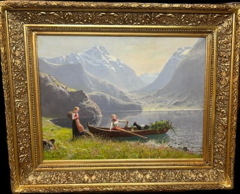 Hans Dahl - Bondepiker ved et fjellvann 1880 tallet 74x90